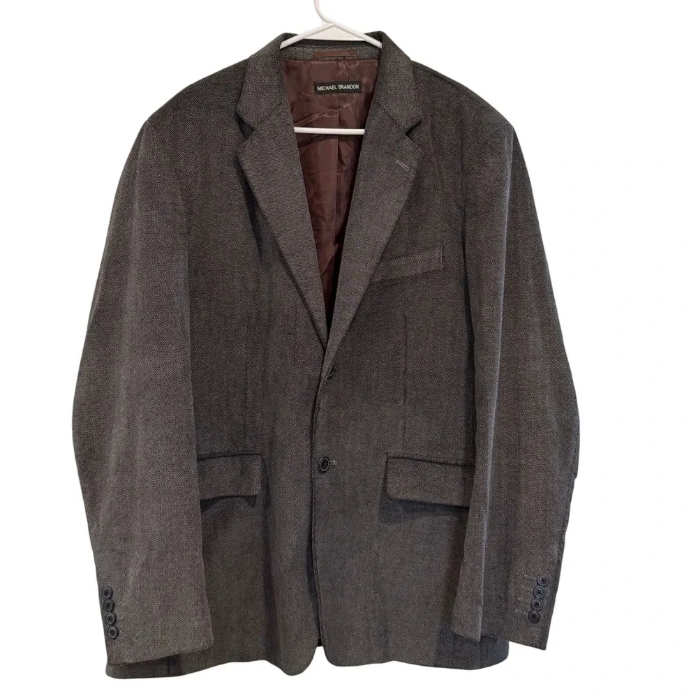 Michael Brandon Mens Herringbone Blazer Grey Black Cotton Sport Coat Size L 42